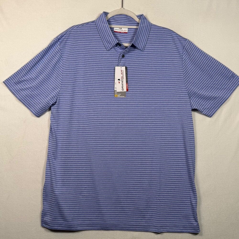 Grand Slam Performance Polo Mens Large Blue Striped Golf Shirt UPF Stretch NWT